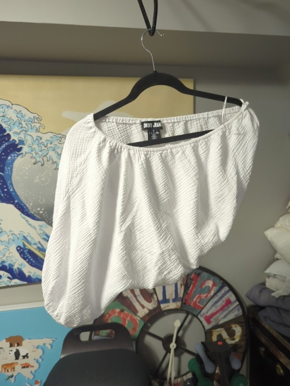 DKNY Jeans Cotton White Gauze One Shoulder Puff Sleeve Blouse Top Sz Large